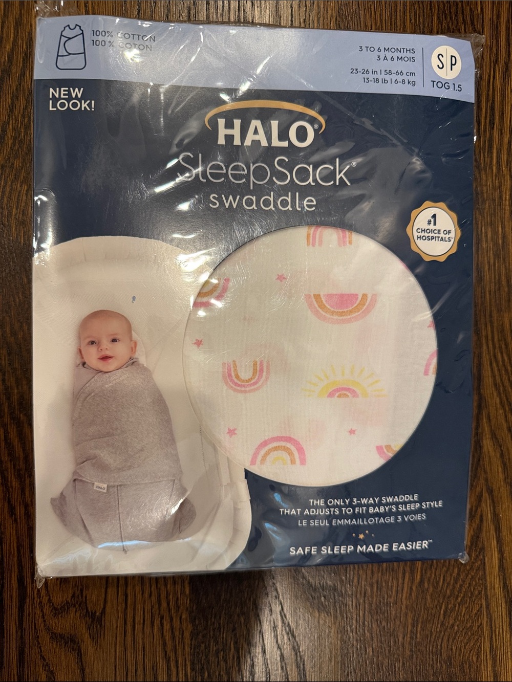HALO SleepSack Swaddle - White with Pink & Yellow Rainbow Print